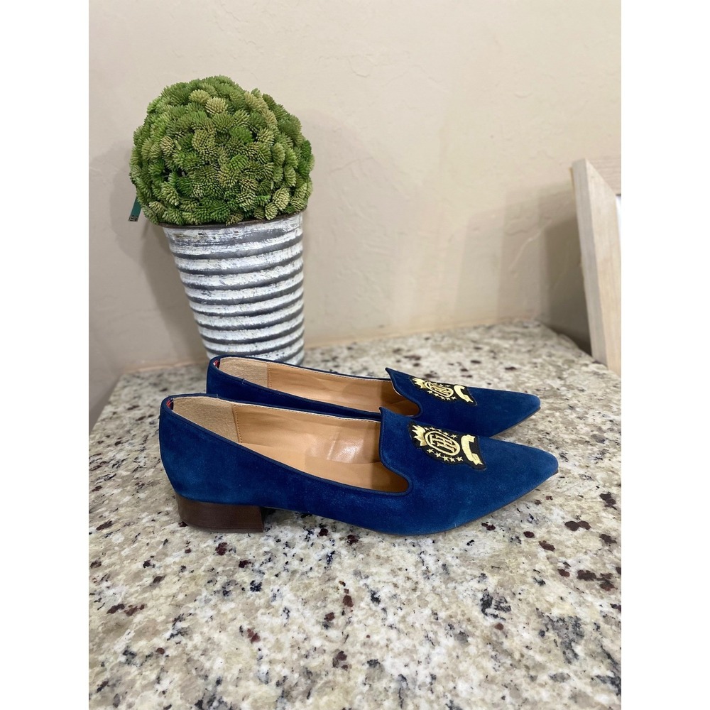 Tommy‎ Hilfiger Women Blue Suede Loafers Crest Emblem Pointed Toe Flats